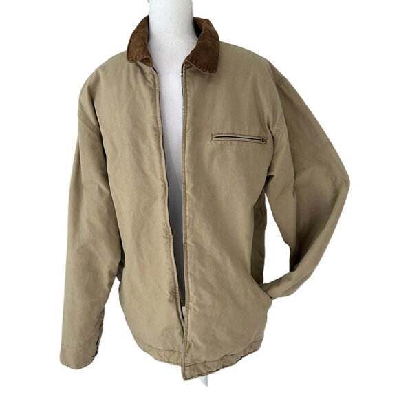 Vtg Chaps Jacket Mens Size Medium Beige Tan Plaid Lined Chore Coat Cotton - Picture 1 of 16